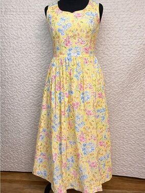 Laura Ashley Yellow Floral Maxi Dress with Pink & Blue Blossoms
